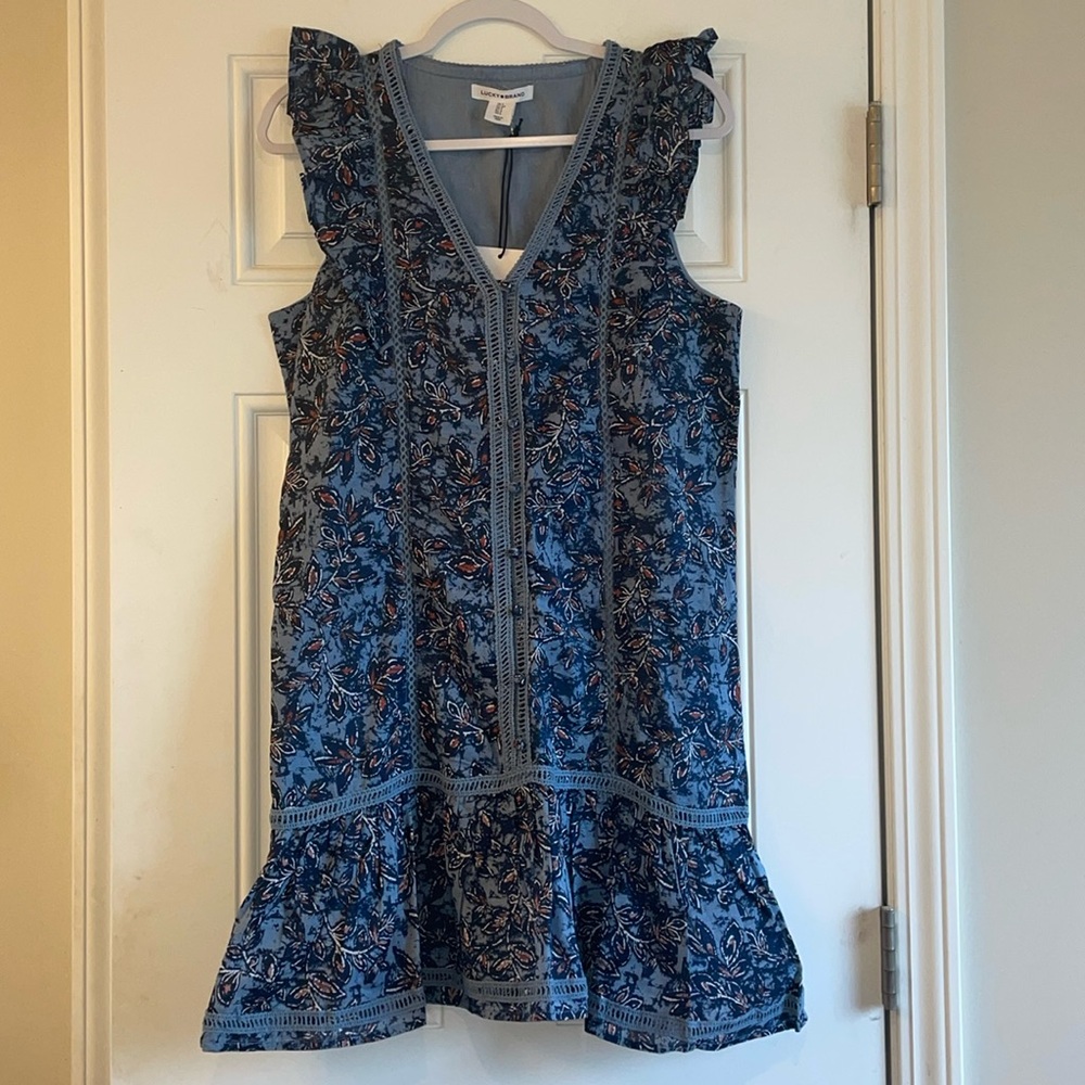 NWT Lucky Brand Blue Ruffle Floral Boho Sleeveless Dress Sz S